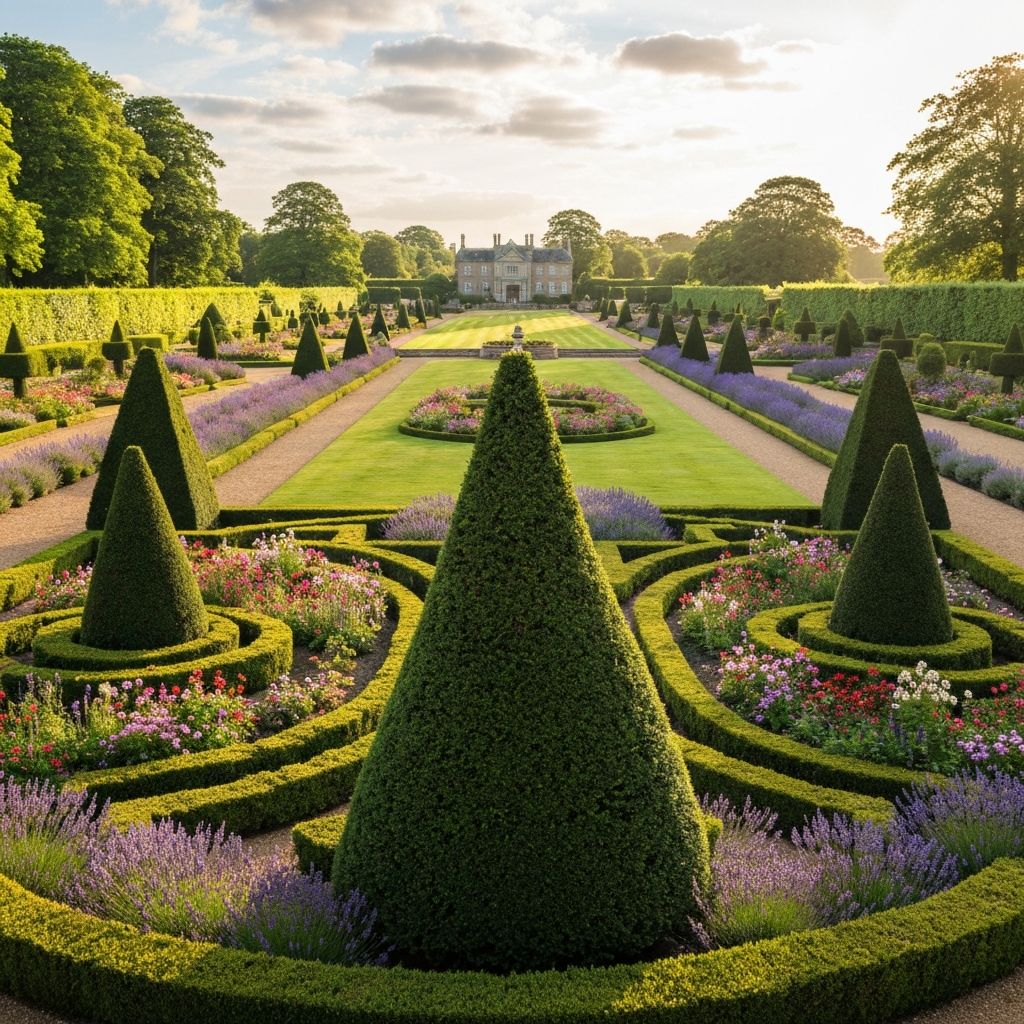 English estate garden with formal topiary and flower borders